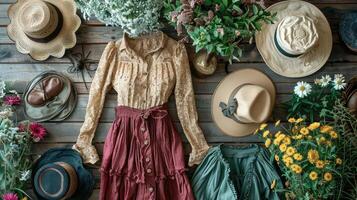 Retro elegance flatlay, stylish vintage items floor. photo