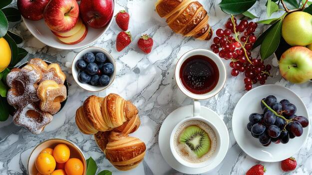 Breakfast setup view, assorted food flat layout. photo