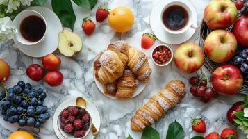 Feast flatlay scene, fruits pastry coffee arrangement. photo