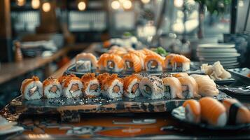 Sashimi showcase flatlay, elegant sushi food arrangement. photo