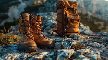 Travel flatlay scene, wanderlust gear on rough terrain. photo