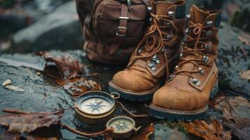 Wanderlust display flat, journey gear on outdoor terrain. photo