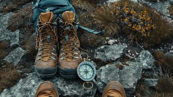 Hiking setup layout, adventure essentials on wild ground. photo