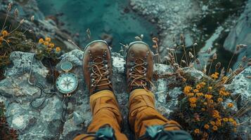 Dynamic adventure flatlay, hiking gear on outdoor space. photo