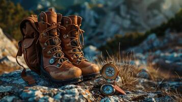 Wild terrain layout, travel gear hiking essentials. photo