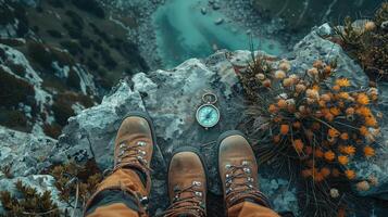 Dynamic travel scene, hiking items on natural space. photo