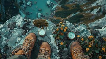 Wanderlust flatlay view, journey gear on outdoor ground. photo