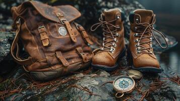 Wild terrain flatlay, travel gear journey essentials. photo
