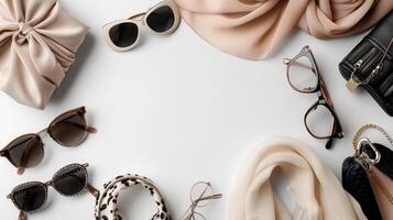 Elegant style flatlay, dynamic accessories presentation. photo