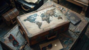 Travel prep display, journey items on old leather bag. photo
