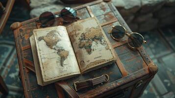 Adventure begin layout, passports maps sun glasses on suitcase. photo