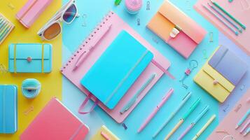 Playful stationery flatlay, chaotic arrangement colorful background. photo