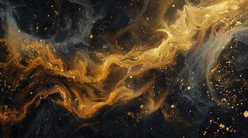 Dynamic Golden Smoke Gracefully Flowing Across a Dark Black Abstract Canvas photo