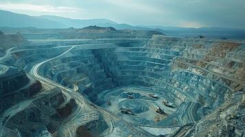 Extraordinary Open Pit Mining Display Highlighting Dynamic Excavators and Sprawling Landscapes photo