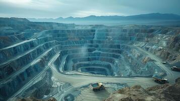 Expansive Open Pit Mining Depicted Through Magnificent Herculean Excavators in Action photo