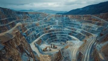 Magnificent Scenes of Dynamic Open Pit Mining Displaying Herculean Excavators Across Vast Landscapes photo