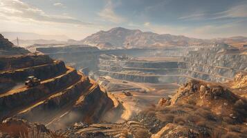 Dynamic Scenes of Open-Pit Extraction Showcasing the Tireless Efforts of Workers in Vast Terrains photo