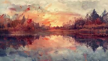Vibrant Watercolor Painting Capturing a Quiet Lake Scene in Dynamic Detail photo