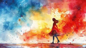 Dynamic Watercolor Smoke Creating a Colorful Abstract Scene with a Girl's Shadow photo