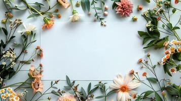 A Charming Blank Space Framed by Lovely Flowers on a Dynamic White Surface photo