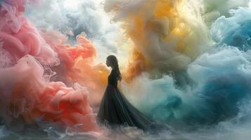 Vibrant Abstraction of a Girl's Shadow Blended with Dynamic Watercolor Smoke photo
