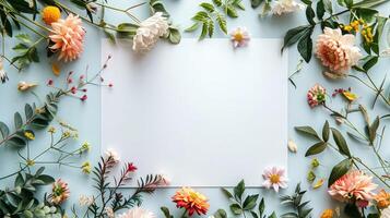 Lovely Floral Arrangement Surrounding a Blank Space on a Stunning White Background photo