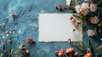 Dynamic Postcard Design with Flowers on a Blue Background photo
