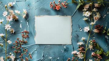 White Card Highlighted by Blossoms on a Blue Concrete Textured Surface photo