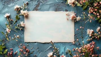 Blossoming Postcard Design Surrounded by Flowers on a Dynamic Blue Background photo