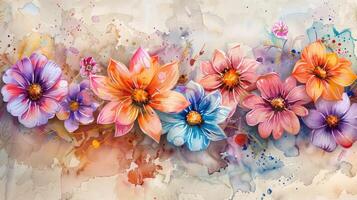 Artistic Floral Background Featuring Blooms Painted in Dynamic Watercolors photo