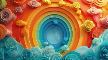 Dynamic abstract composition featuring vibrant stacked rainbow circles. photo