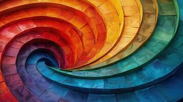 Vibrant clay steps and floors with a bold rainbow artistic design. photo