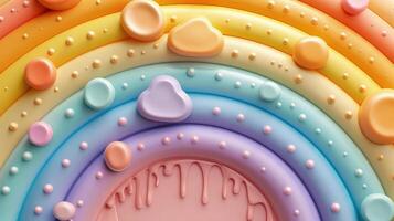 Dynamic circular rainbow clay art decorated with lively flowers and stars. photo