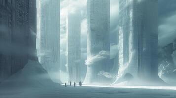 A stunning portrayal of towering stone columns amidst a misty white scene photo