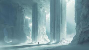 A captivating view of an ethereal hall surrounded by mist and white tones photo