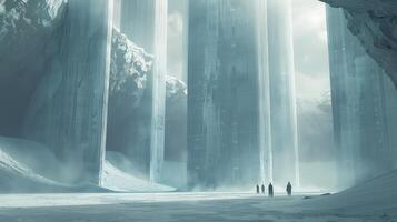 The serene beauty of stone pillars amid a misty, ethereal white backdrop photo
