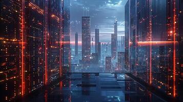 A visionary look at a futuristic cloud computing hub with towering structures photo