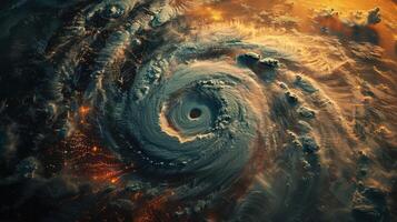 A vivid display of a powerful storm spiraling in darkened surroundings photo