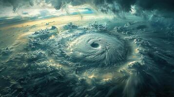 An aerial perspective of a massive storm swirling in ominous darkness photo