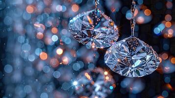 The elegant beauty of suspended diamond-shaped crystals illuminated on black photo