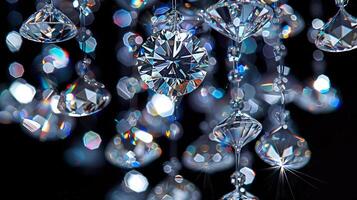 A dazzling close-up of suspended crystal pieces glowing on a dark backdrop photo