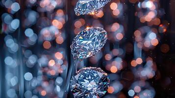 Hanging crystals shimmering beautifully against a deep black surface photo