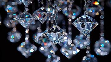A stunning display of diamond-shaped crystal pieces hanging against a dark backdrop photo