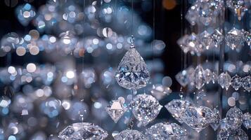 Sparkling diamond-shaped crystals hanging gracefully on a blur background photo