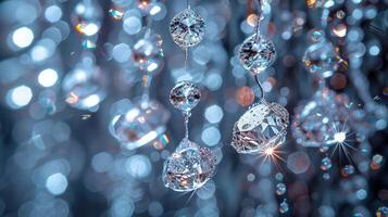 Clear diamond-shaped crystals glowing gracefully on a softly blurred background photo