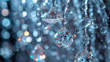 A mesmerizing view of diamond-shaped crystals dangling against a blurred scene photo