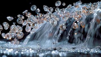 A dazzling freeze-frame of cascading diamonds and water splashes on a black backdrop photo
