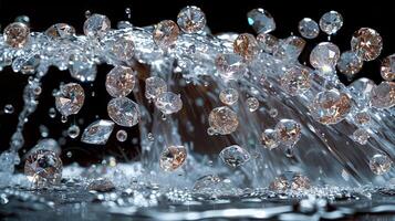 A striking image of diamonds cascading like a waterfall with water splashes in the dark photo