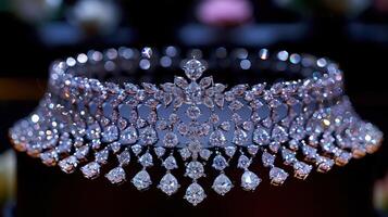 A luxurious diamond necklace displayed in stunning detail through close-up shots photo