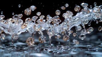 A mesmerizing capture of falling diamonds and water splashes on a dark background photo